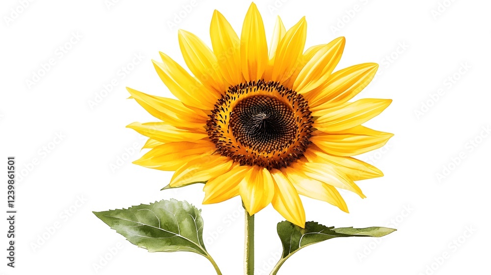 Fototapeta premium A vibrant yellow sunflower with green leaves isolated on white