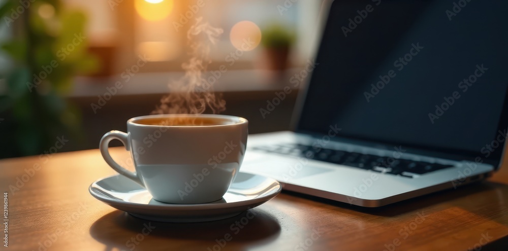 A tabletop with a steaming hot cup of coffee and a laptop in the background, coffee, kitchen, study A tabletop with a steaming hot cup of coffee and a laptop in the background, coffee, kitchen, study