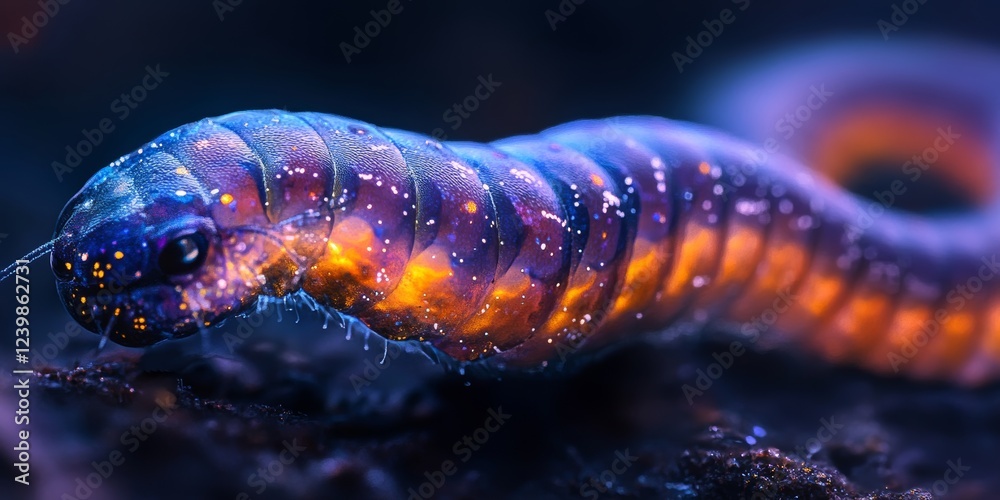 Macro Photography of a Realistic Worm with Neon Colors and Textures Macro Photography of a Realistic Worm with Neon Colors and Textures