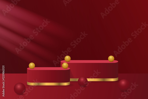 red podium for product presentation with bubble or ball accessories on red background