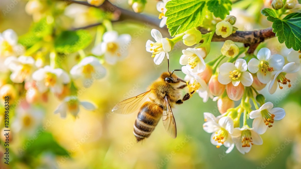 Spring Bee on White Currant Blossoms - Macro Tilt-Shift Photography Spring Bee on White Currant Blossoms - Macro Tilt-Shift Photography