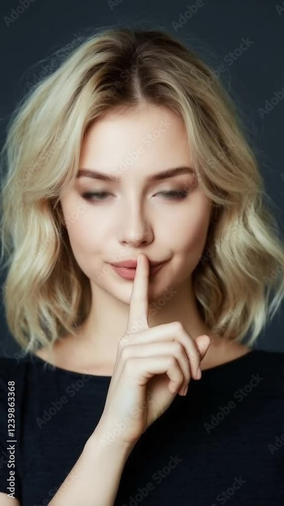 Beautiful blonde woman with gesture covering her mouth with the index finger indicates to be silent Beautiful blonde woman with gesture covering her mouth with the index finger indicates to be silent