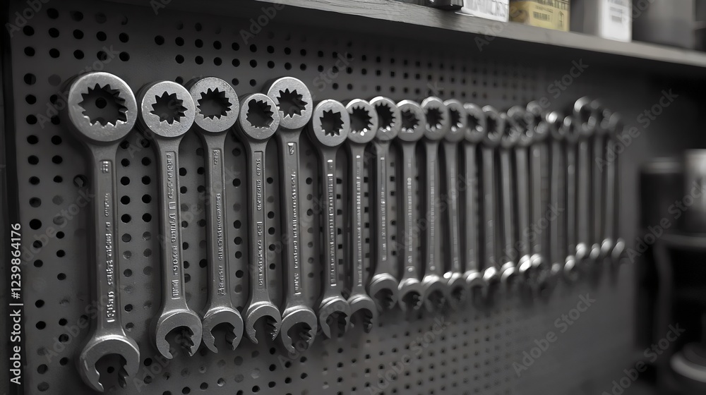 A row of wrenches are hanging on a pegboard A row of wrenches are hanging on a pegboard