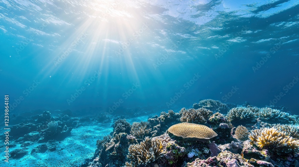 Fototapeta premium Vibrant Underwater Coral Reef Scene with Bright Sunlight