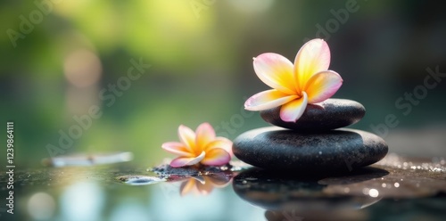 Calming music and frangipani-scented stones in a peaceful ambiance, , relaxation music, spa ambiance