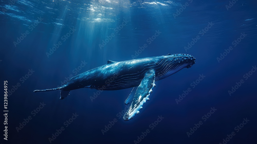 Fototapeta premium Majestic Humpback Whale Swimming Gracefully Beneath the Surface of the Deep Blue Ocean Surrounded by Rays of Light Filtering Through the Water