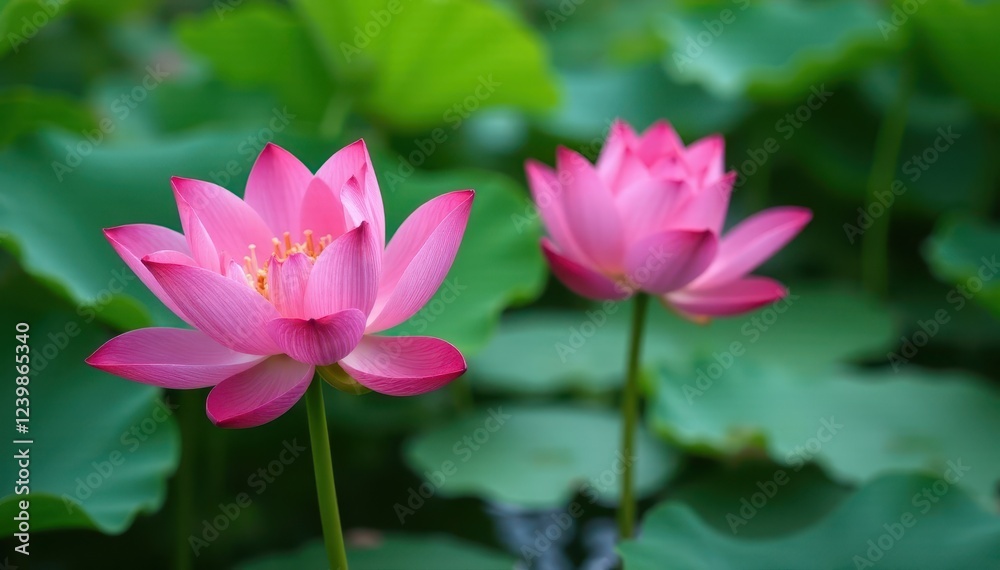 Close-up of lotus flowers with green leaves submerged in lake water, lake scenery, botanical photograph, aquatic environment Close-up of lotus flowers with green leaves submerged in lake water, lake scenery, botanical photograph, aquatic environment