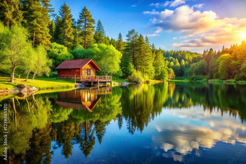 Obraz premium Stress-Free Summer Vacation Planning: Serene Lakeside Cabin Getaway