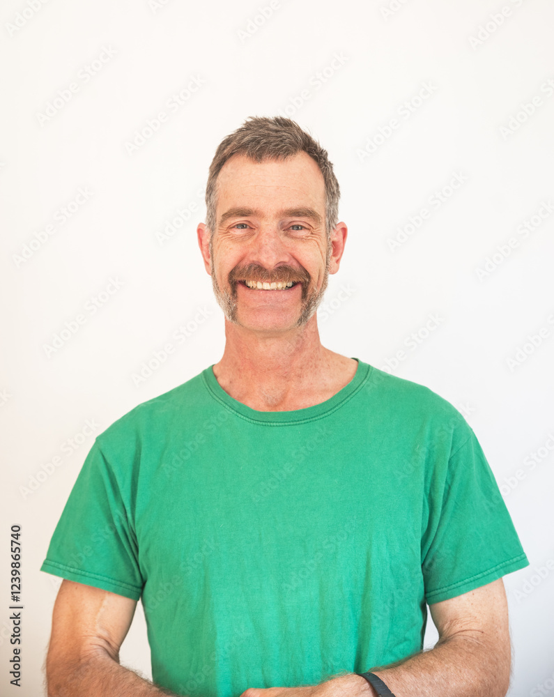 Middle Aged Man With Friendly Mustache And Green Shirt Middle Aged Man With Friendly Mustache And Green Shirt