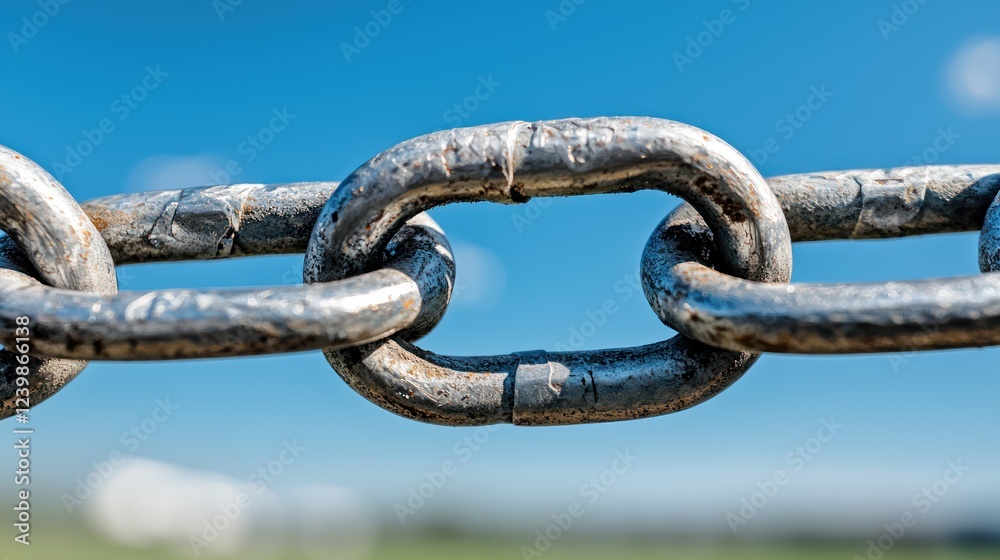 Fototapeta premium A close-up of a metallic chain link against a blue sky.