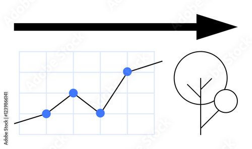 Rising line graph with data points and bold arrow signifying progress, paired with minimal tree symbol. Ideal for business strategy, sustainability, growth, innovation, ecology, success, abstract