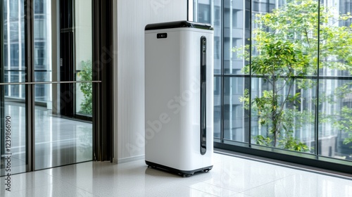 A sleek white air purifier stands in a modern office space near large windows.
