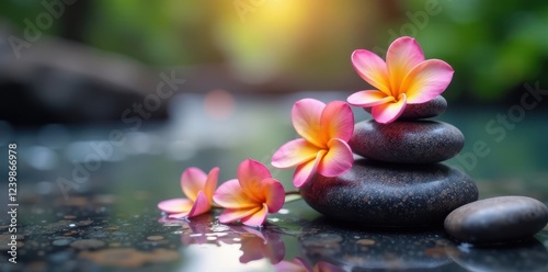 Colorful frangipani scented hot stones for meditation , meditation, mindfulness, serene
