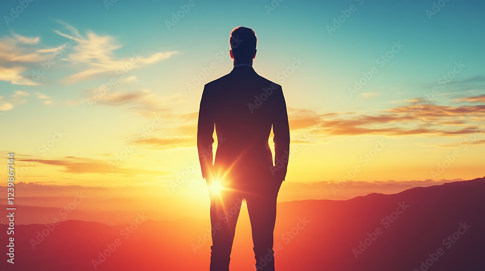 Inspiring sunrise perspective of a businessman silhouetted against a vibrant horizon Inspiring sunrise perspective of a businessman silhouetted against a vibrant horizon