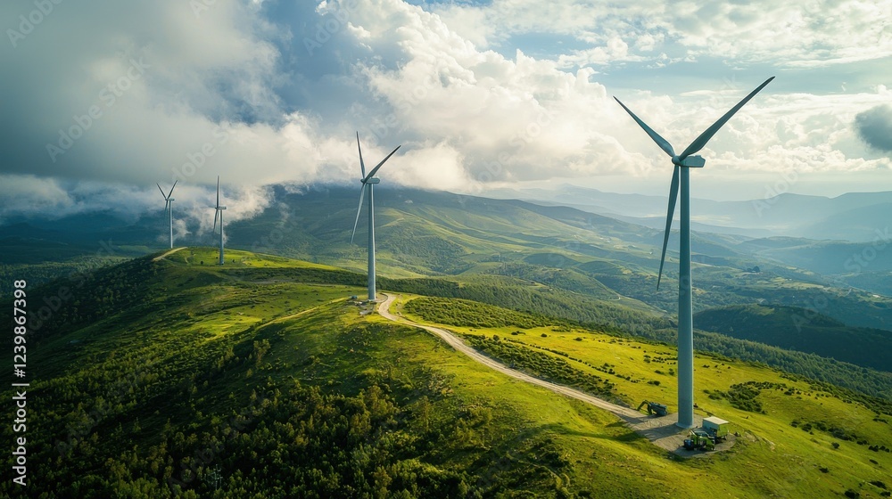 Three wind turbines are on a hillside. Generative AI Three wind turbines are on a hillside. Generative AI