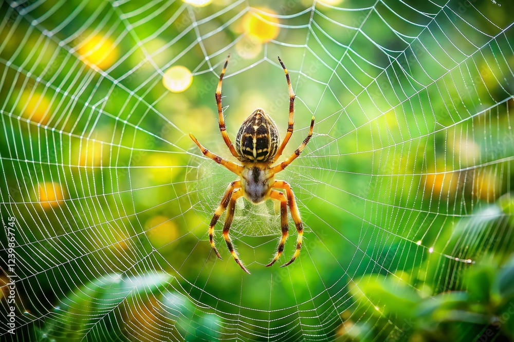 Stunning Spider Web with Intricate Design on Vibrant Green Background Stunning Spider Web with Intricate Design on Vibrant Green Background