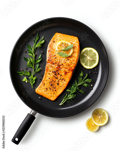 Delicious grilled salmon fillet garnished with lemon and fresh herbs ready to be served. photo