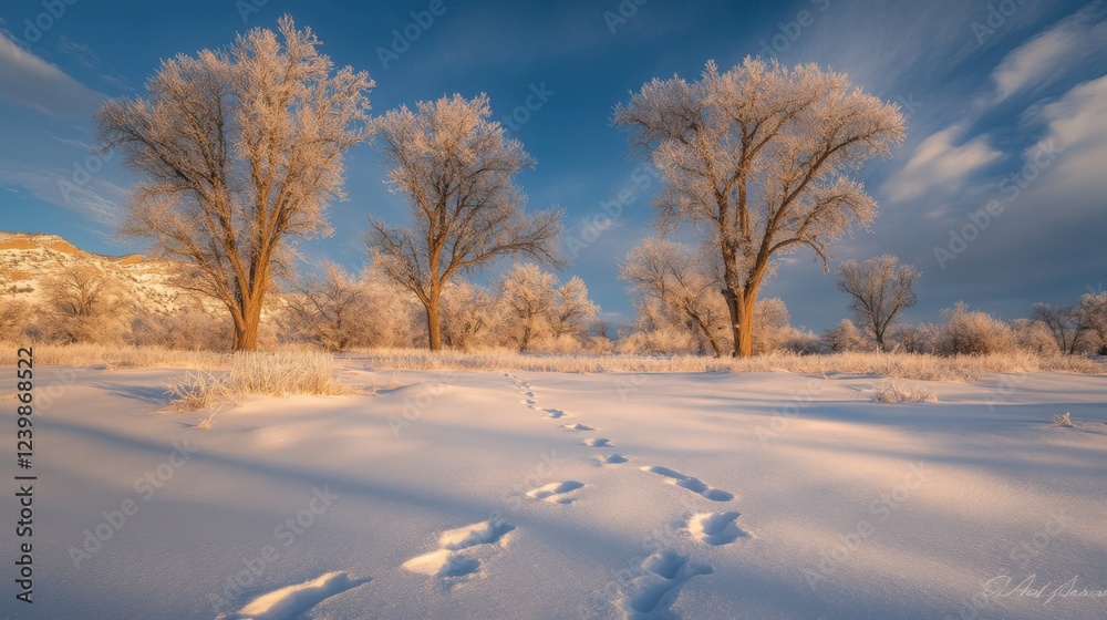 Obraz premium Winter Wonderland: Footprints in the Snow, Frost-Covered Trees and Golden Sunrise