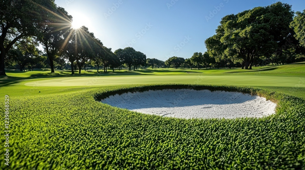Fototapeta premium A serene golf course with a sand bunker surrounded by lush greenery under a bright sun.