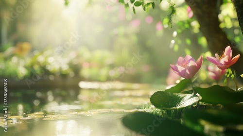 Serene Pondside Bloom: Sunlit Water Lilies in a Tranquil Garden