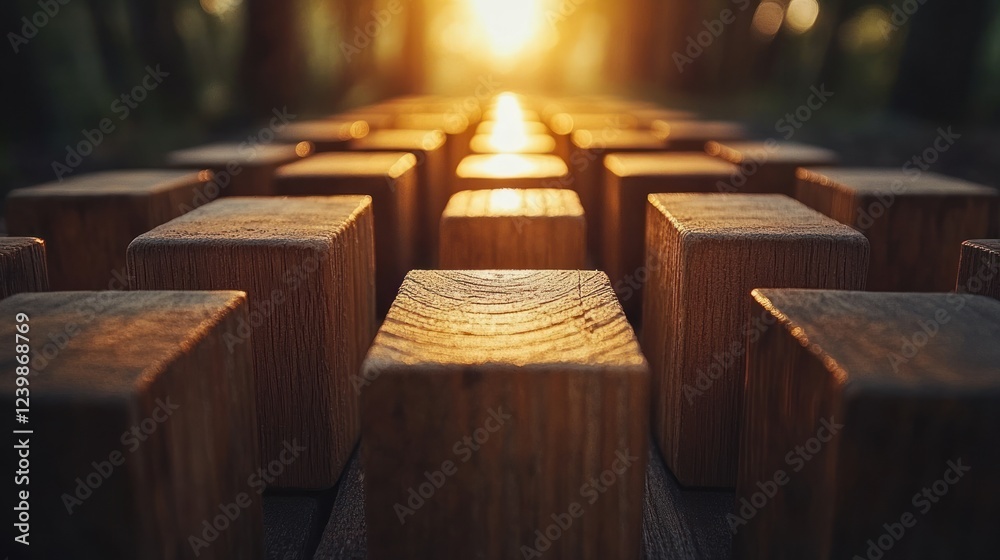 Fototapeta premium Golden Hour Wooden Blocks: A Serene Sunset Scene