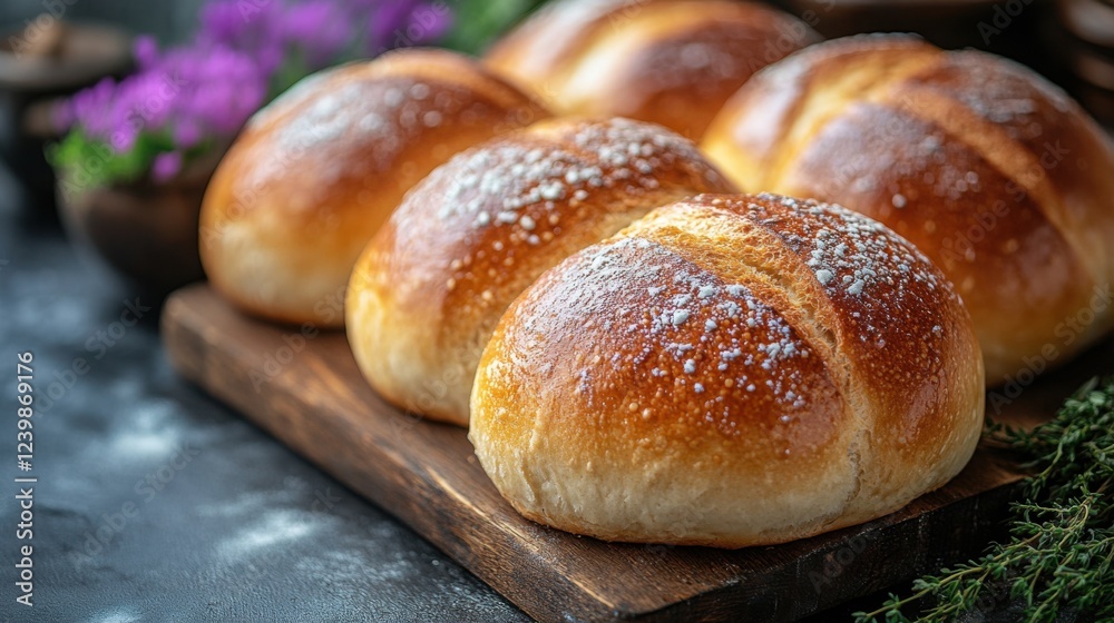 Golden Crusty Bread Rolls on Rustic Wooden Board Bakery Food Photography Golden Crusty Bread Rolls on Rustic Wooden Board Bakery Food Photography