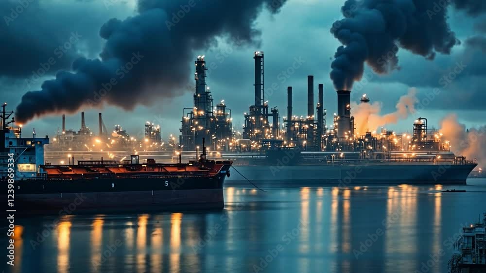 Industrial Pollution at Night: A large industrial complex at night, emitting thick plumes of dark smoke into the twilight sky, with tankers moored nearby reflecting the lights in dark waters. Industrial Pollution at Night: A large industrial complex at night, emitting thick plumes of dark smoke into the twilight sky, with tankers moored nearby reflecting the lights in dark waters.