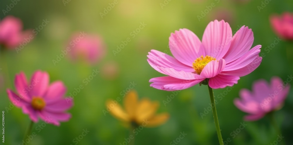 Delicate cosmos petals dancing gently in the breeze amidst a tapestry of greens, natural scenery, botanical gardens, greenery Delicate cosmos petals dancing gently in the breeze amidst a tapestry of greens, natural scenery, botanical gardens, greenery