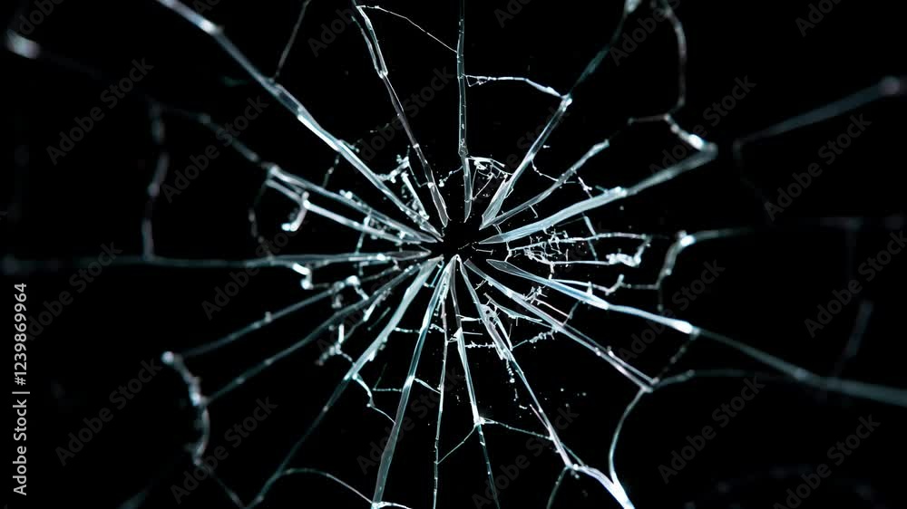 Broken glass black live texture. Close-up of shattered glass with a central hole and radiating cracks.
Cracked and Shattered black glass with slow motion. Broken Glass destruction in slow motion.