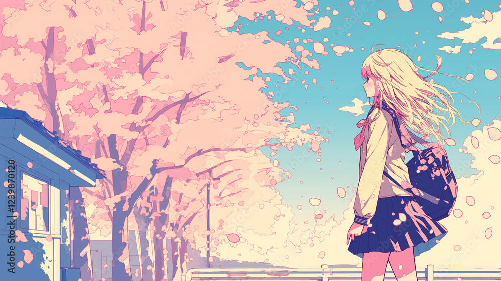 桜吹雪と青春の風|セーラー服の女子高生の春の通学イラスト 桜吹雪と青春の風|セーラー服の女子高生の春の通学イラスト