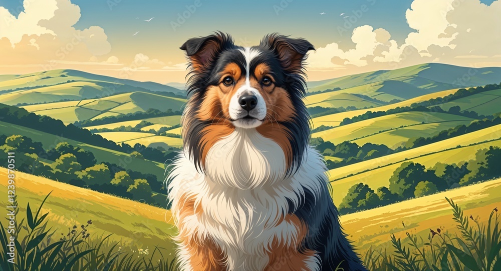 Obraz premium Portrait Shetland Sheepdog on rolling countryside hills background illustration
