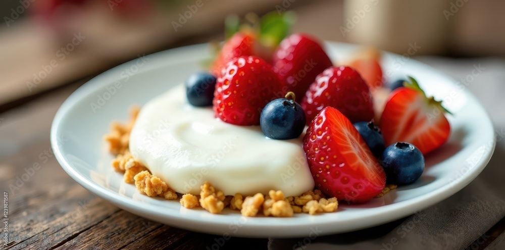 Fresh berries atop a plate of creamy yogurt and crunchy homemade granola, yogurt, dessert, bowl Fresh berries atop a plate of creamy yogurt and crunchy homemade granola, yogurt, dessert, bowl
