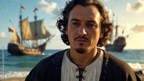 Christopher Columbus stands on the shore, gazing at the land he has just discovered. Behind him, his ships rest on calm waters, marking the dawn of a new era.