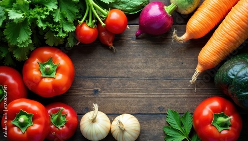 Freshly harvested vegetables arranged artfully on a wooden table, nature, organic, fruits