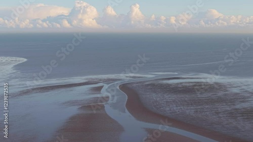 River Fane At Beach In Blackrock Village On Foggy Sunrise In County Louth, Ireland. aerial shot photo