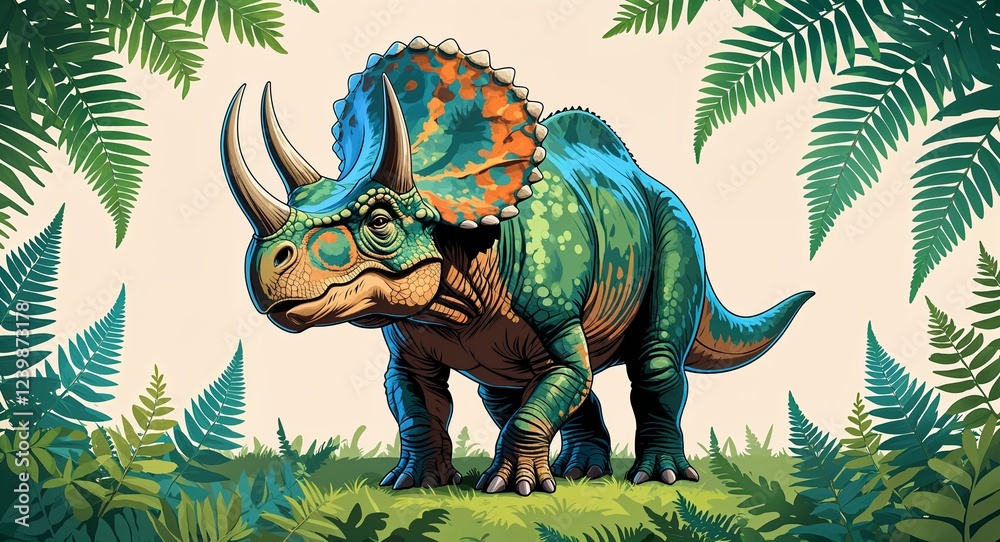 Fototapeta premium Portrait triceratops on open fern covered plain background illustration
