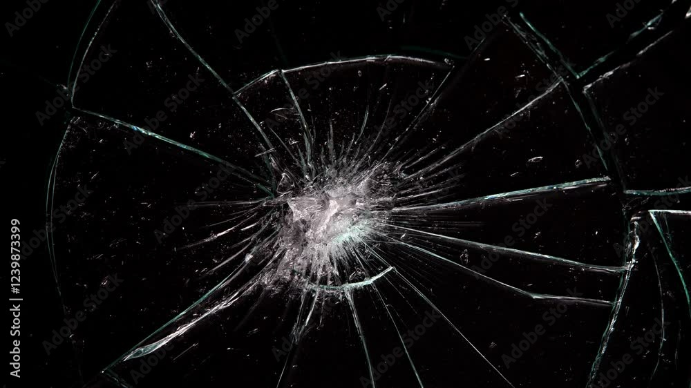 Broken glass black live texture. Close-up of shattered glass with a central hole and radiating cracks.
Cracked and Shattered black glass with slow motion. Broken Glass destruction in slow motion.