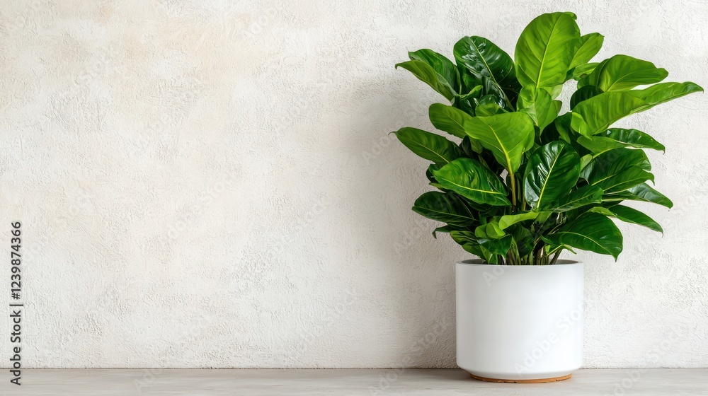 A lush green plant in a minimalist white pot against a textured wall. A lush green plant in a minimalist white pot against a textured wall.