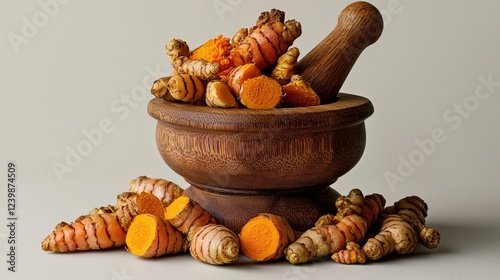 Fresh Turmeric Root and Powder in Wooden Mortar with Colorful Spice Ingredients