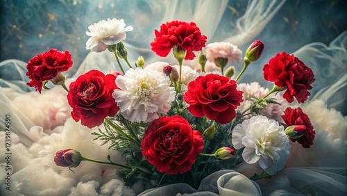 Surreal Valentine's Day: Red Carnations & White Petals Bouquet