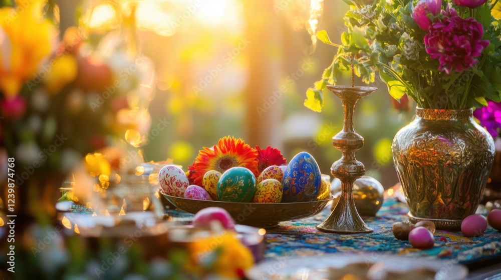 Naklejka premium A vibrant Haft-Seen table with spring flowers and colorful eggs, symbolizing renewal and hope in Persian New Year traditions.