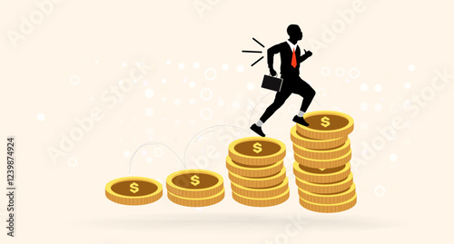 Ambitious Businessman Climbing Golden Coin Stacks to Financial Success