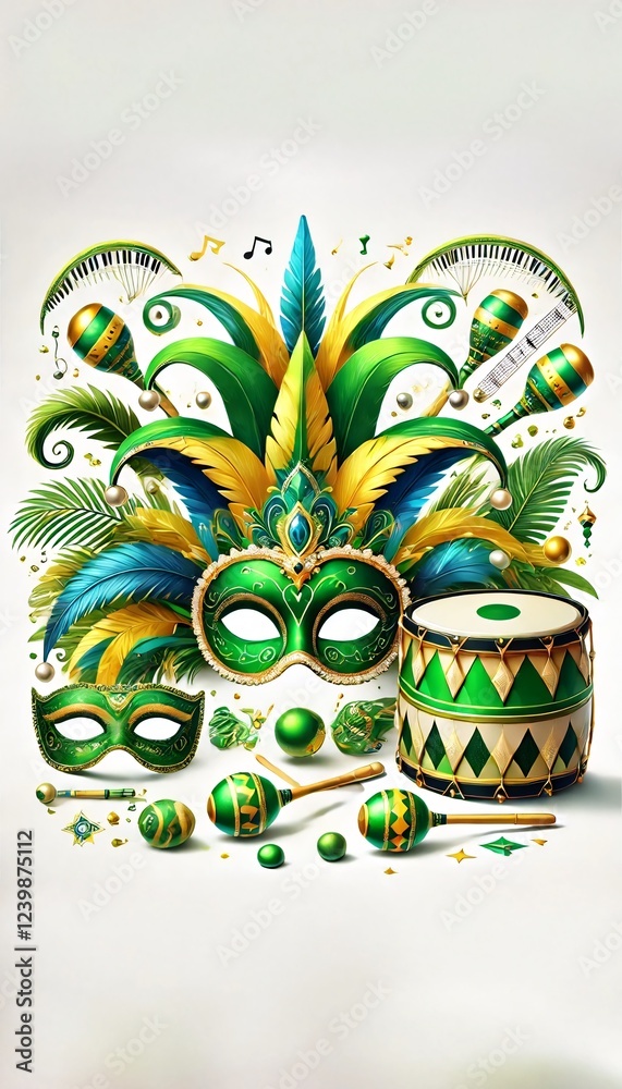 Obraz premium Magnificent Green and Gold Carnival Mask with Majestic Feathers, Drums, Maracas, and Musical Elements in a Vibrant Festive Atmosphere