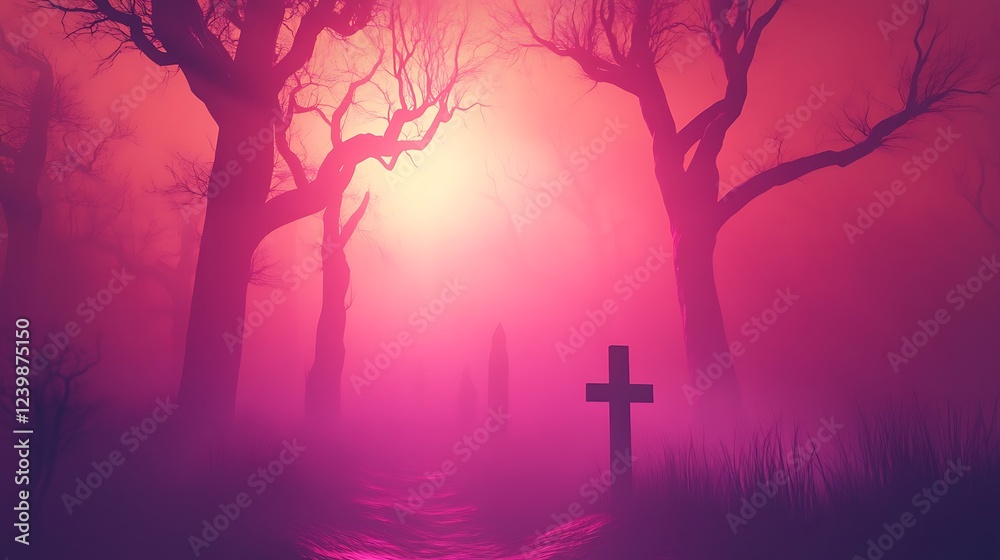 A Single Cross Stands in a Foggy Forest at Sunset A Single Cross Stands in a Foggy Forest at Sunset