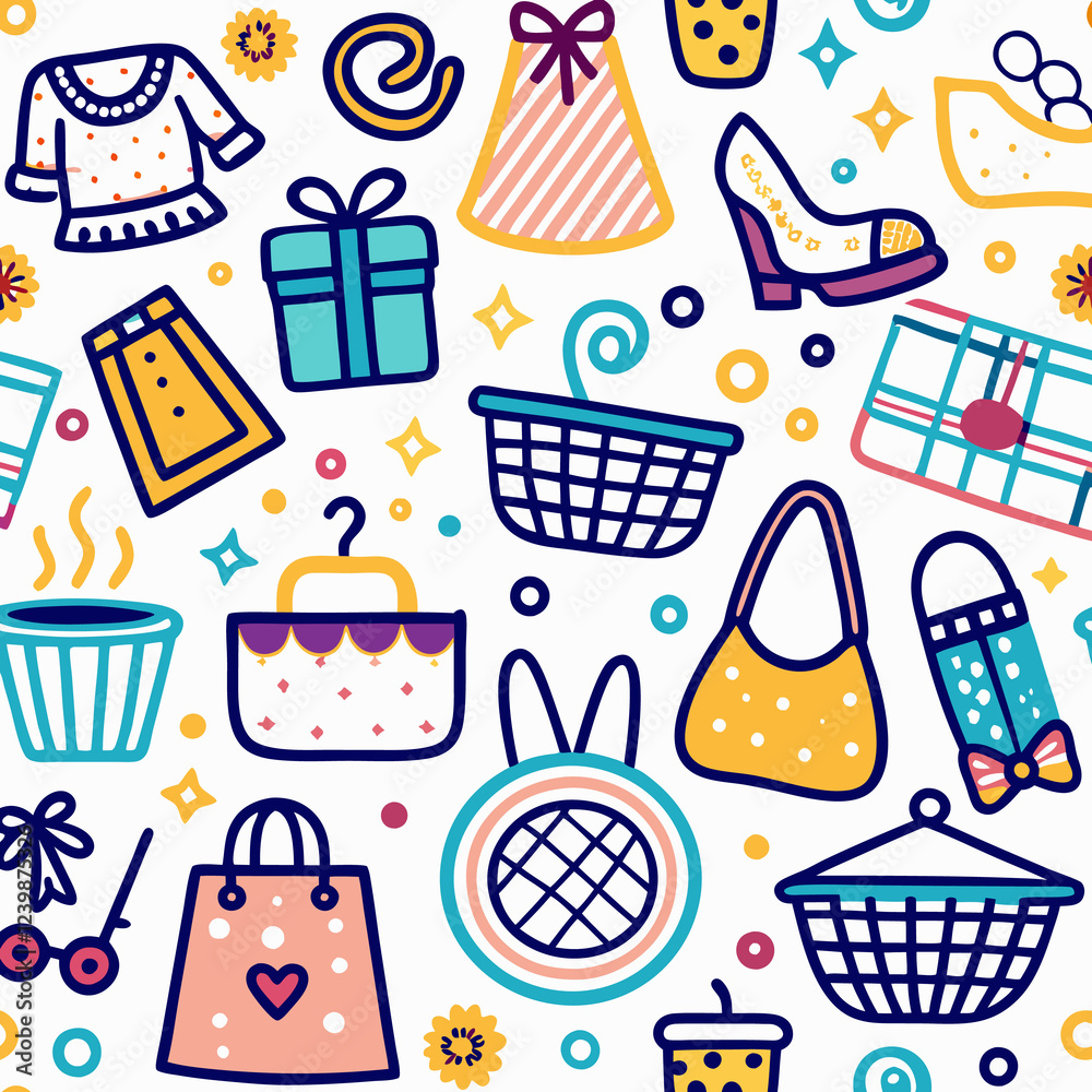 Seamless pattern of cute hand-drawn shopping and fashion icons on white background. Seamless pattern of cute hand-drawn shopping and fashion icons on white background.