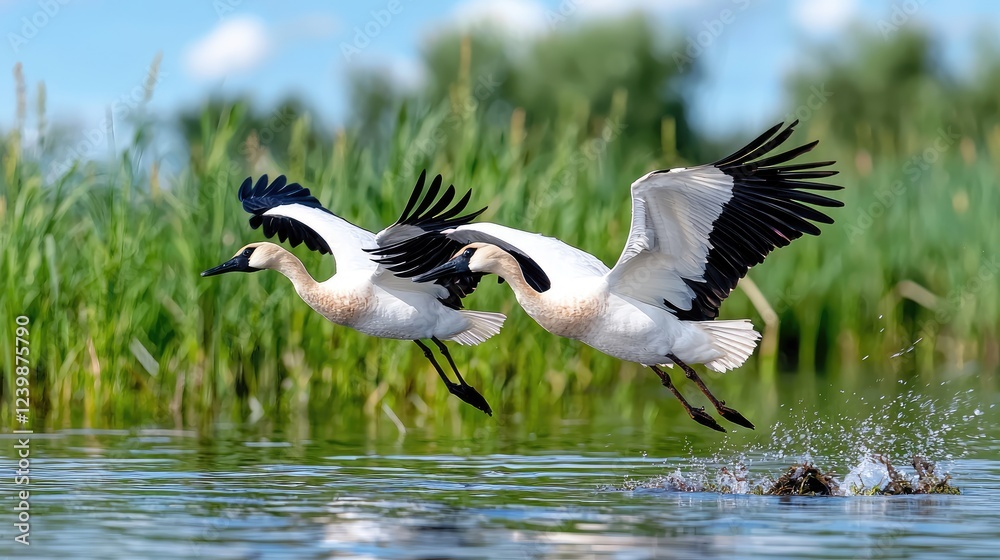 Fototapeta premium Two cranes flying over water, reeds background. Nature wildlife image