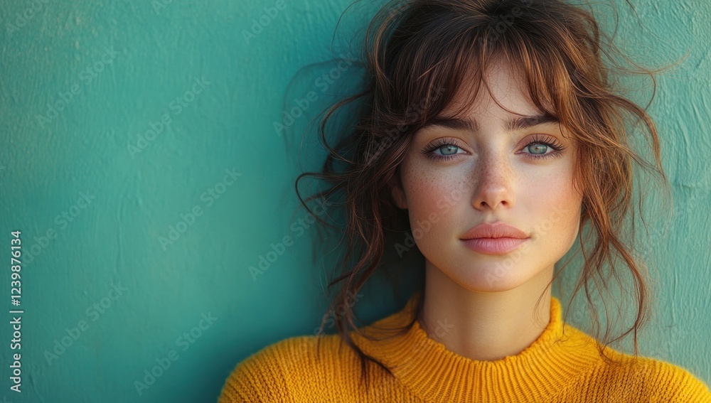 Contemplative Woman in Yellow Sweater Against Blue Wall Contemplative Woman in Yellow Sweater Against Blue Wall