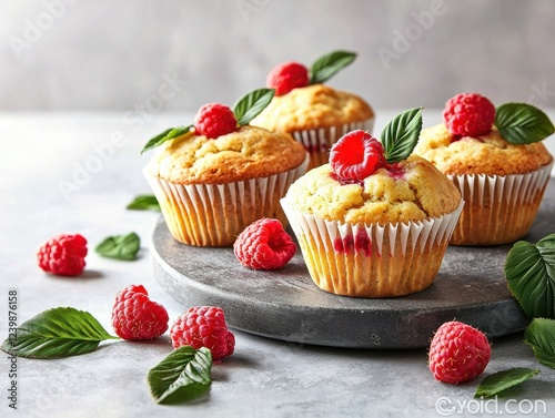Delicious raspberry muffins freshly baked in rustic kitchen flat lay warm natural light