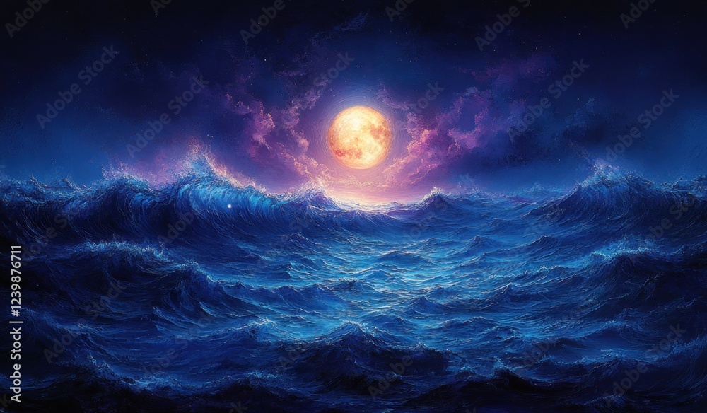 Surreal Cosmic Ocean Wave Under Luminous Moon in Tropical Night Sky Surreal Cosmic Ocean Wave Under Luminous Moon in Tropical Night Sky