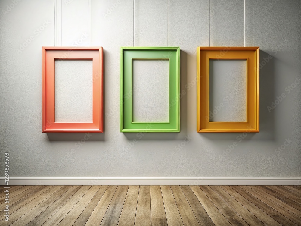 Three Empty Frames on Wall Mockup for Artwork Display Three Empty Frames on Wall Mockup for Artwork Display